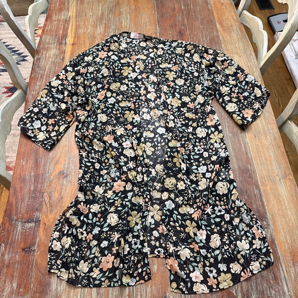 Jess Lea Black Floral Sheer Kimono Duster XL